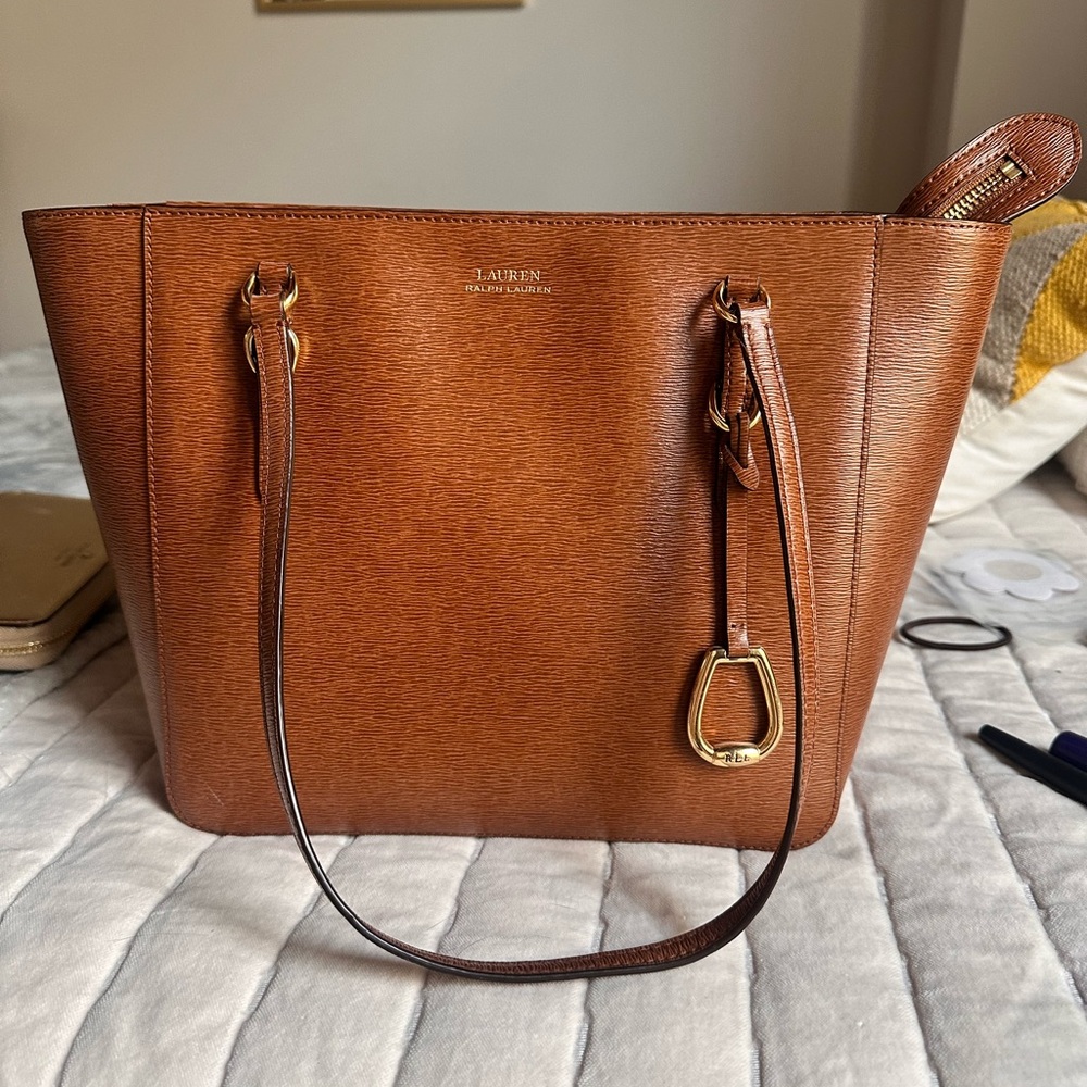 Lauren Ralph Lauren Brown Leather Tote with Polished Finish
